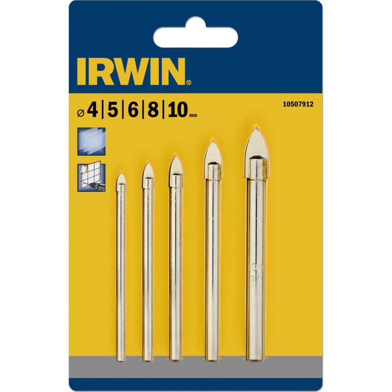 Irwin glas-, flise- og porcelænsbor, sæt med 4, 5, 6, 8, og 10 mm