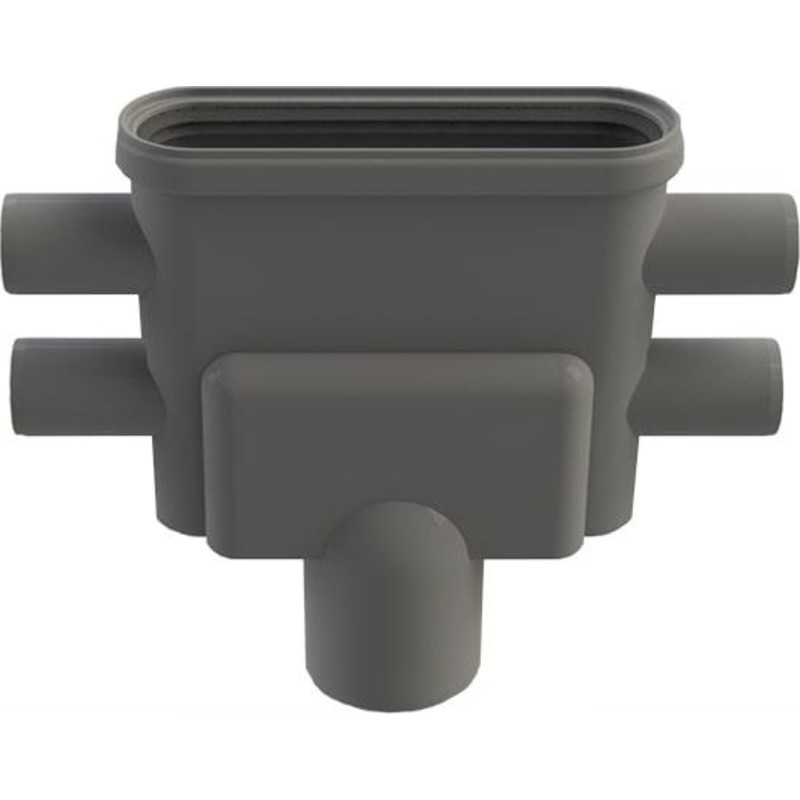 Unidrain Udløbshus m/lodret udløb Ø75 mm inkl. vandlås og fire vandrette sideindløb Ø40 mm