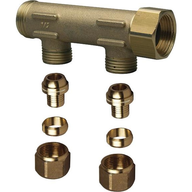 Uponor fordelerrør 3/4", 2 afgreninger med  15 mm omløber
