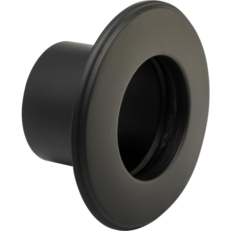 Metalbestos 100 mm murbøsning med roset. Længde 90 mm og flange 50 mm. Sort røgrør