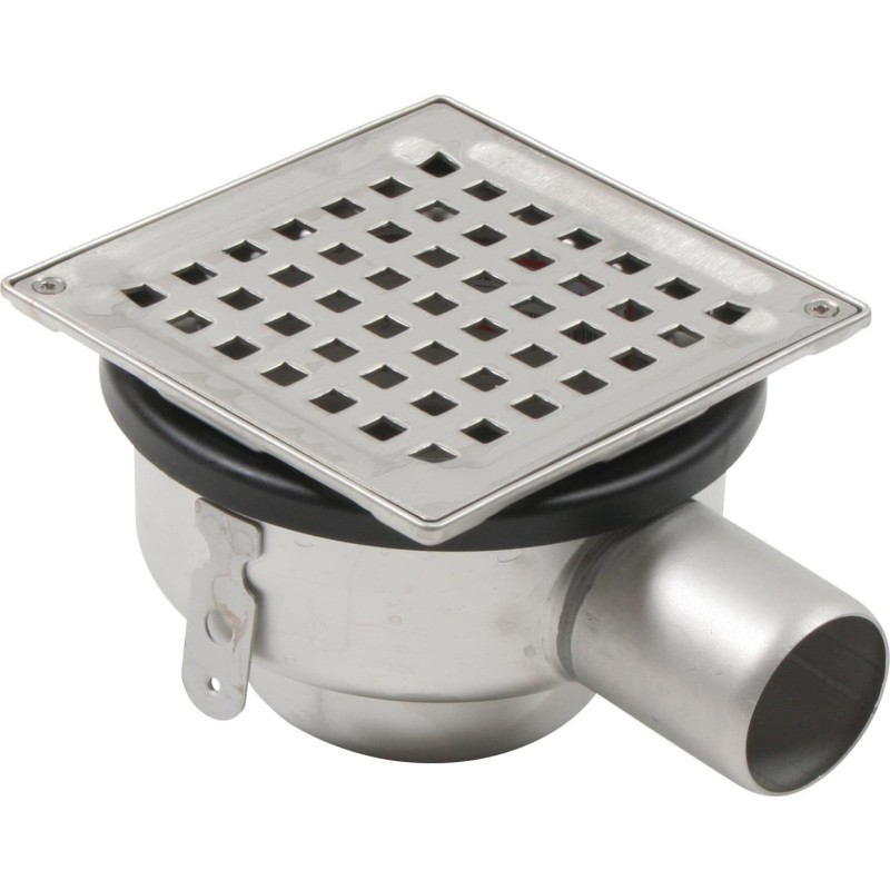 Blücher Square gulvafløb med vandret Ø50 mm afløb, lav model. Til beton & fliser. Rustfrit stål