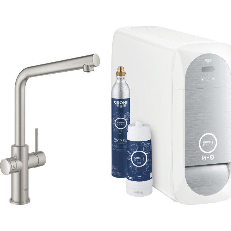 Grohe Blue Home k&ouml;ksblandare, kylt vatten, kolsyrat vatten, st&aring;l