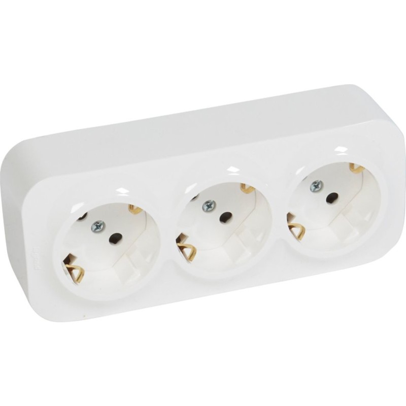 LEGRAND Forix indendørs trippel stikkontakt SCHUKO standard med pille sikring, 16A 3 x 2P+jord . Komplet i udvendigt underlag, Hvid.