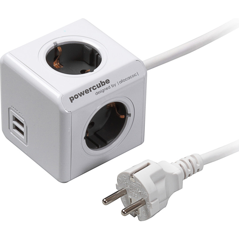 PowerCube extended dobbelt USB, 4 udtag, 1,5 meter ledning, hvid, 230 V, 16 A, med jord
