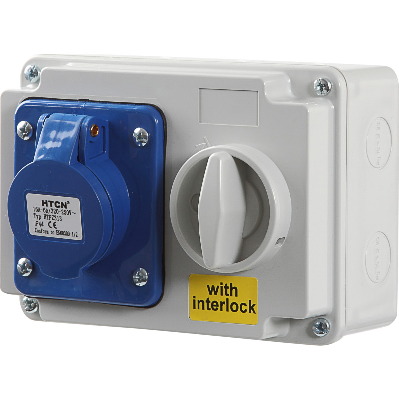 CEE stikkontakt med afbryder 16A/230V 3 polet, IP44, med interlock