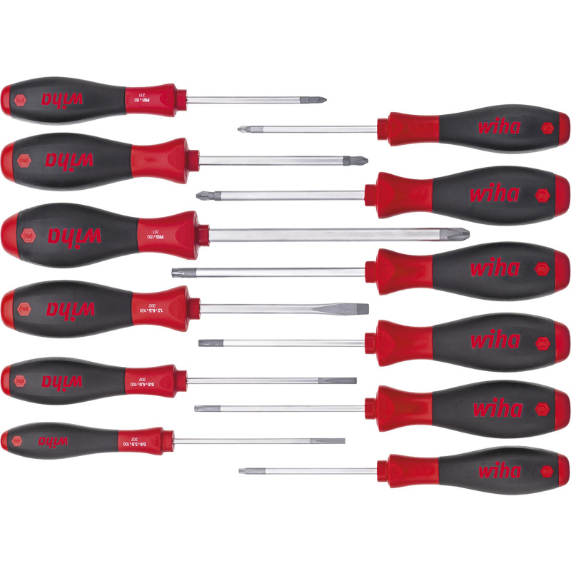 Wiha Werkstatt Schraubendreher-Set 12teilig SoftFinish Schlitz, Innen-TORX, Kreuzschlitz Pozidriv, Kreuzschlitz Phillips (302HK12)