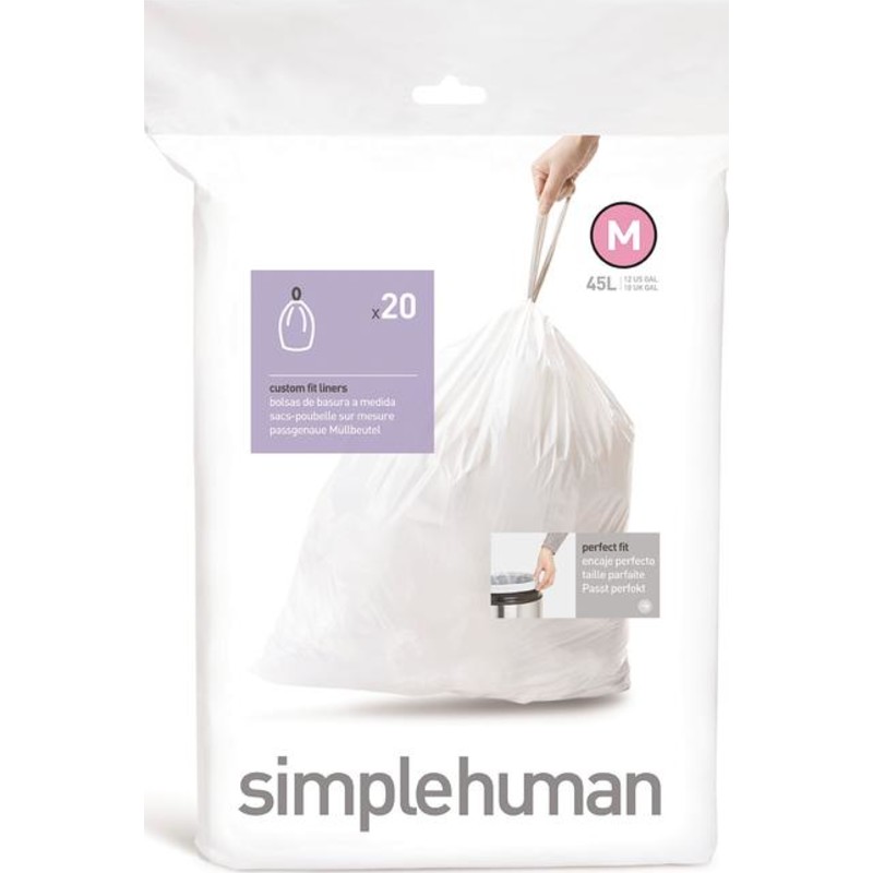 Simplehuman affaldsposer, kode M, 45 liter, hvid, 20 stk