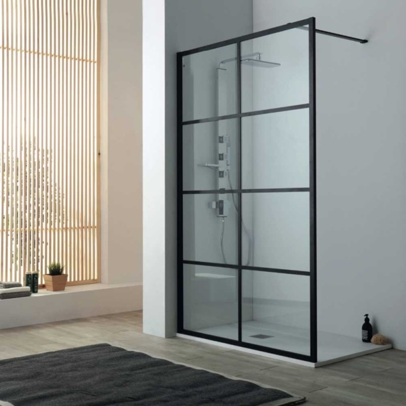 Lavabo Walk in brusevæg, 88 cm, klart glas, mat sort profil
