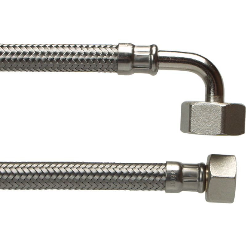 Tilslutningsslange af EPDM m. rustfri flet og omlbere, 1/2" x 3/4" (lige/vinklet) - 1,5 meter