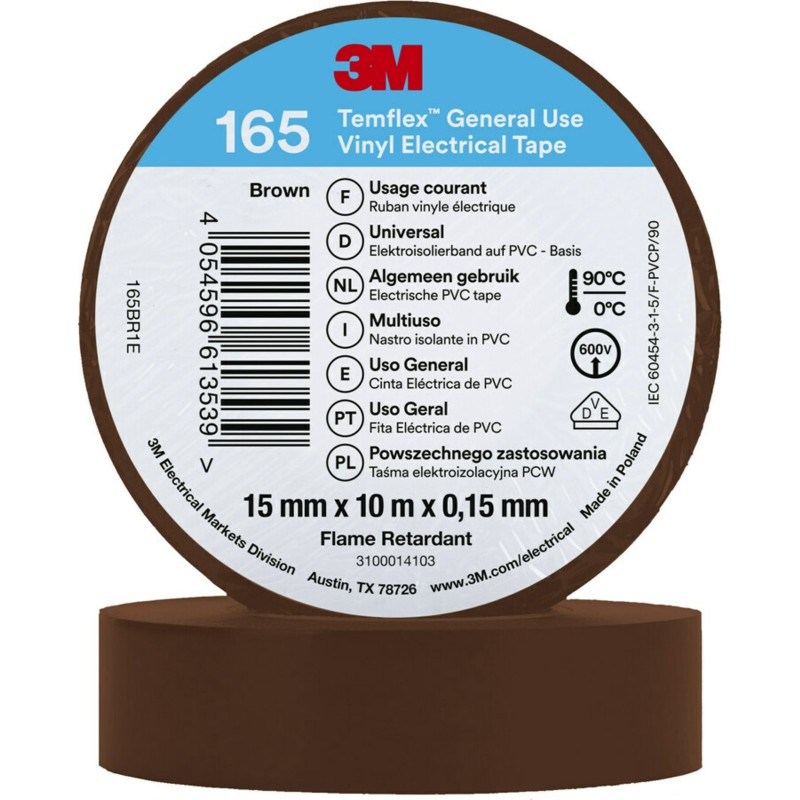 Isoleringstape, brun, 15 mm x 10 meter, 3M Temflex Vinyltape