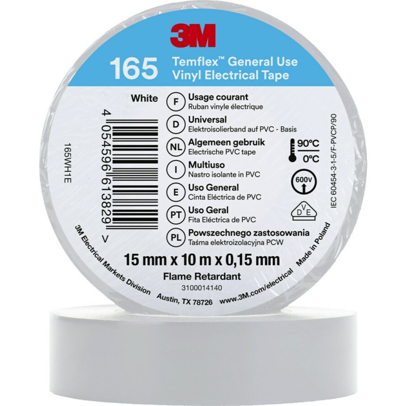 Isoleringstape, hvid, 15 mm x 10 meter - 3M Temflex Vinyltape