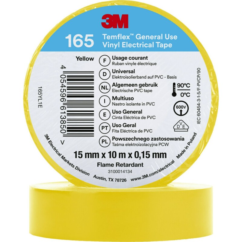 3M Temflex vinyltejp 165, 15 mm x 10 m, gul