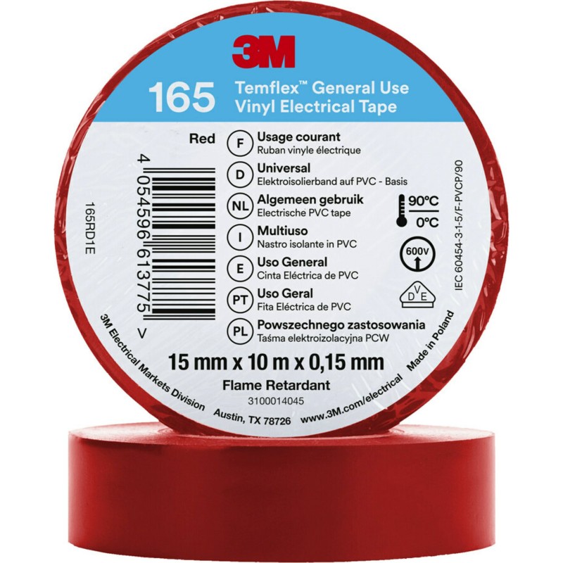 3M Temflex vinyltejp 165, 15 mm x 10 m, röd