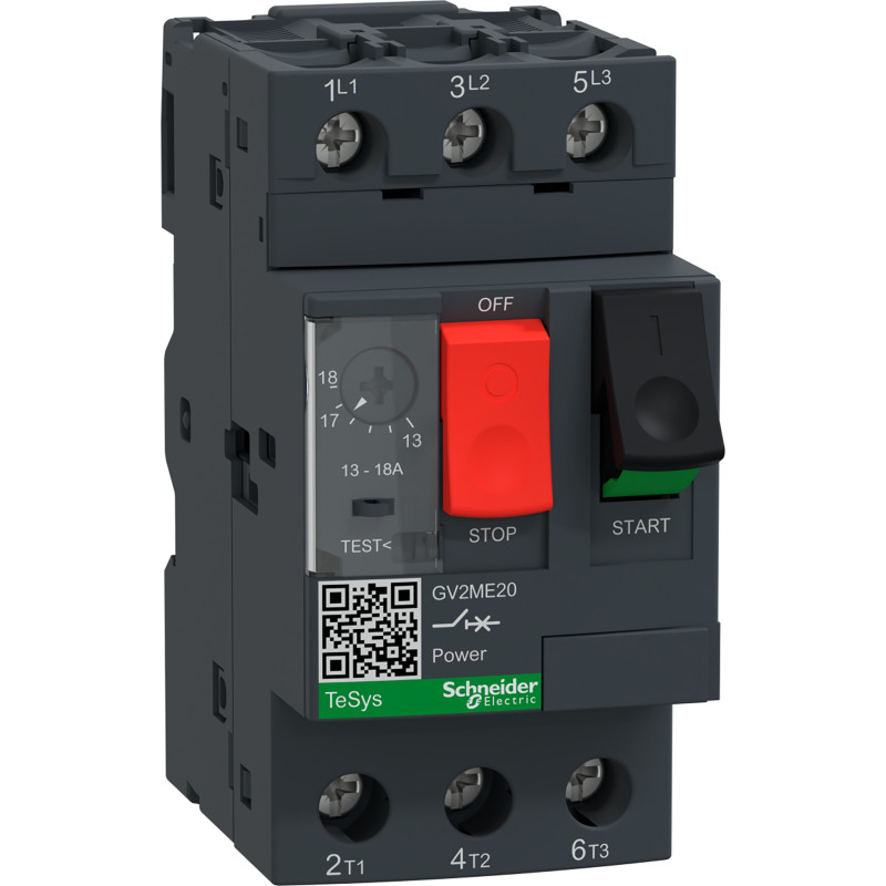 Schneider Electric Tesys gv motorværn gv2me20, termisk magnetisk, 13-18a 7.5kw@400v icu15ka, trykknap