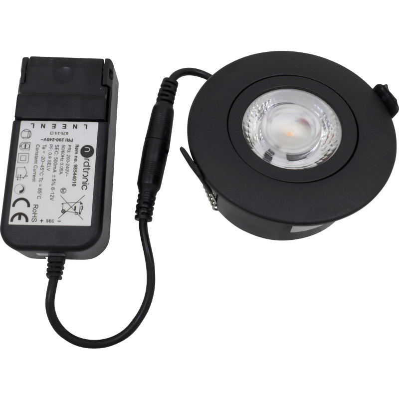 Nordtronic Low Profile Flexible G2 indbygningsspot 75 - 4000K, 520lm, inkl. driver, Sort (mat) / Inden- og udendrs