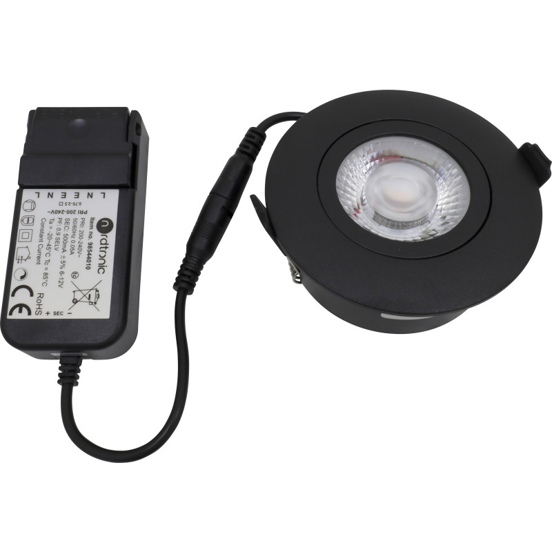Nordtronic Low Profile Flexible indbygningsspot, driver, Ø8,3 cm, sort, 4000K