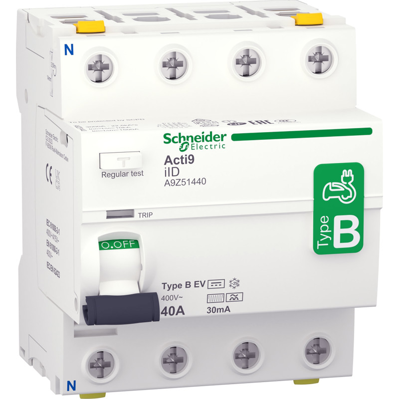 Schneider Electric Fejlstrømsafbryder ac/dc rccb hpfi 4p 40 a 30 ma type b specielt designet til ev-electrical vehicle lader