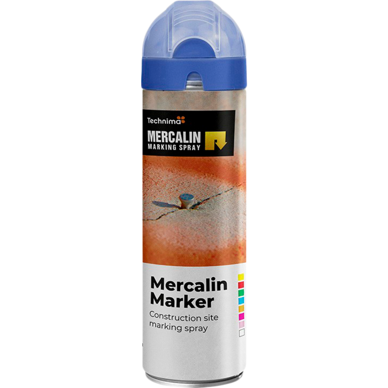 Mercalin markeringsspray 500ml FLUO blå, bl.a. til asfalt, beton, græs, grus, træ, sten & is