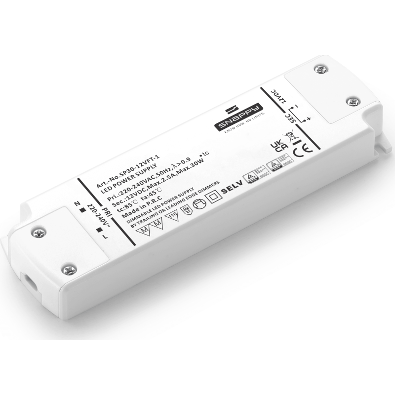 Snappy LED Driver 30W 12VDC, robust, med Triac dim (for-/bagkants-dæmp)