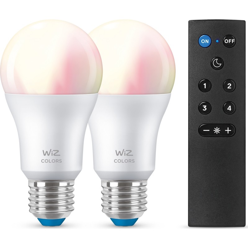 Wiz E27 standardpære med fjernbetjening, 2200K-6500K, 8W, 2-pak