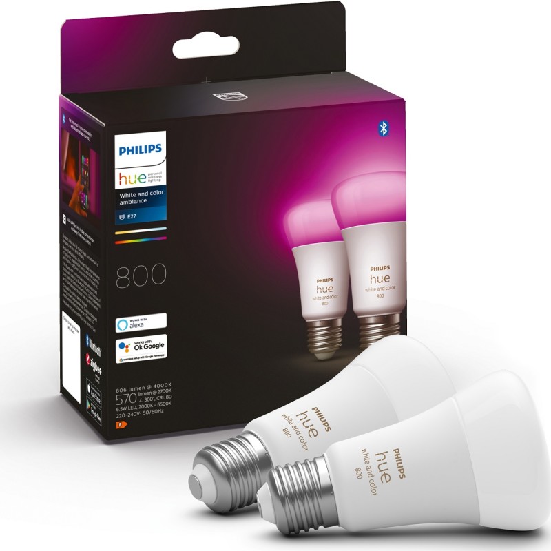 Philips Hue White Color Ambiance E27 standardlampa, 2000K-6500K, 6,5W, 2-pack