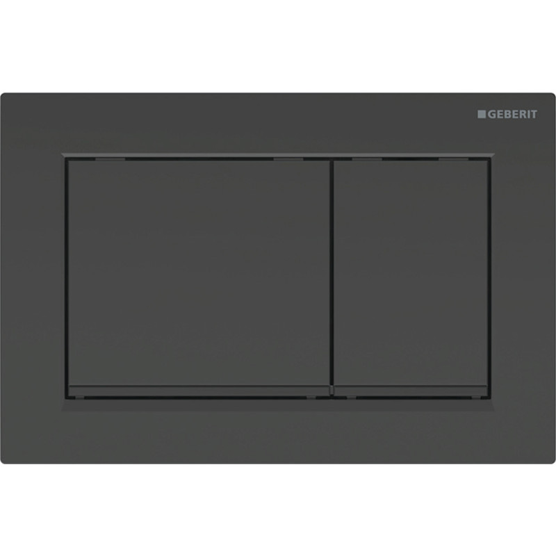 Geberit Omega30 betjeningsplade, kantet, dobbeltskyl, Knap: Blank sort, Designstriber: Mat sort