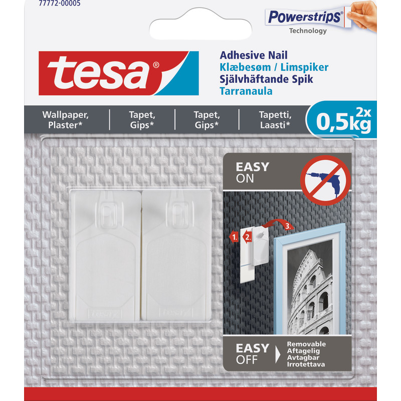 8 st Tesa spik, självhäftande, 0,5 kg, 2-pack, vit