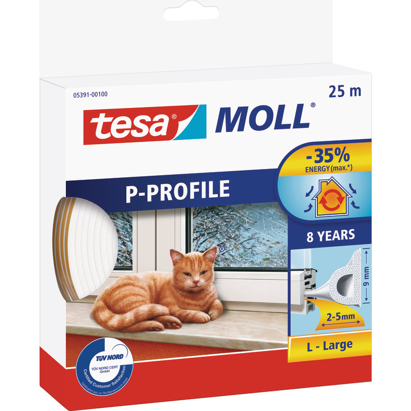 tesamoll® tætningsliste P-profil 25m x 9mm x 5.5mm hvid