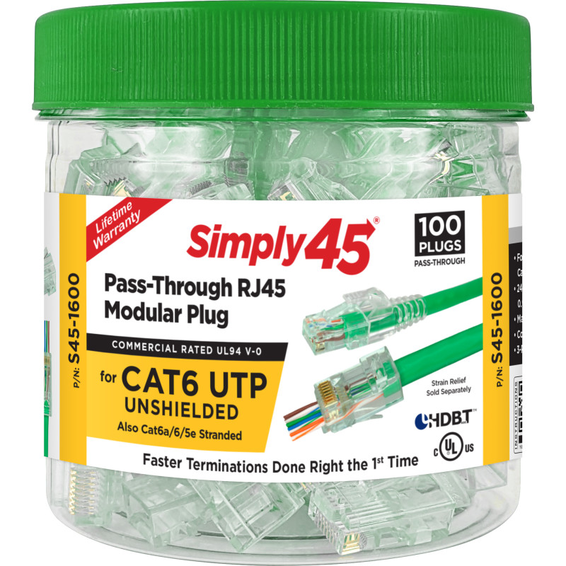 Simply45 RJ45 Pass-Through stik, CAT6 UTP, uskrmet, tonet grn