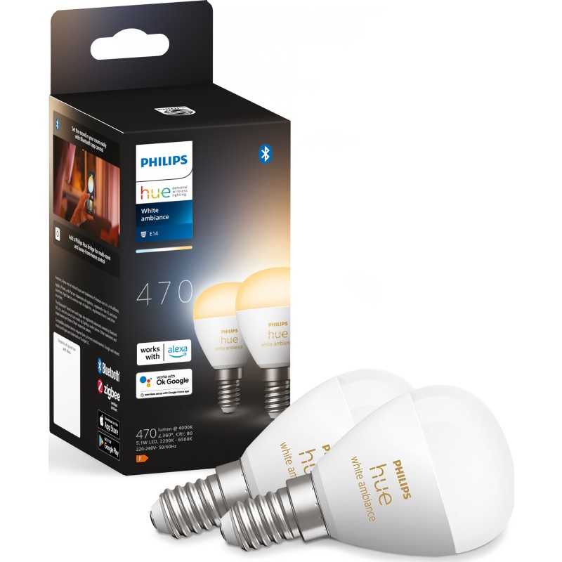 Philips Hue White Ambiance E14 klotlampa, 2-pack