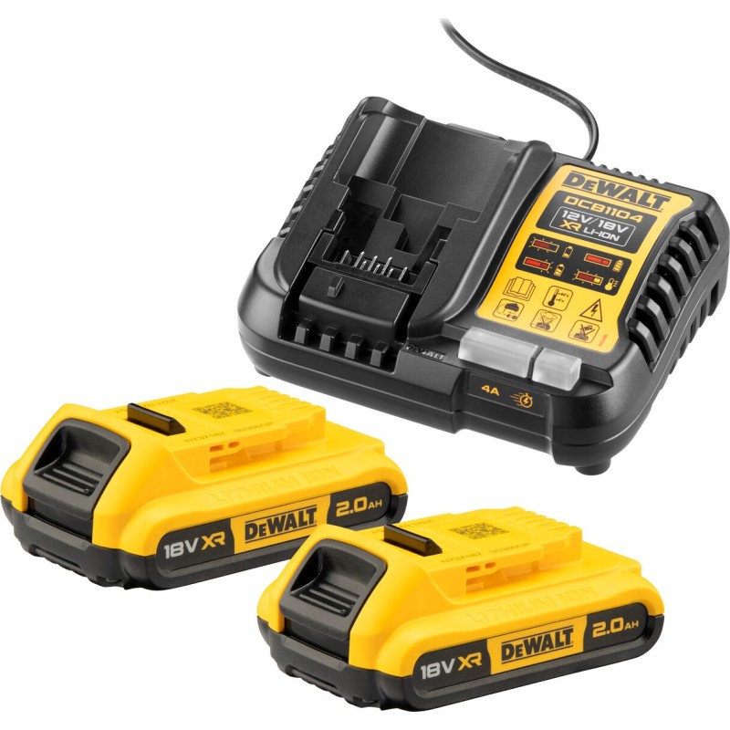 DeWalt 18V XR DCB1104D2-QW batteri og ladersæt, 2 stk. 18V x 2.0 Ah