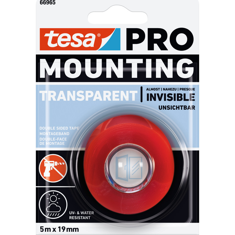 Tesa monteringstape PRO 66965, 5 meter x 19mm, transparent dobbeltklbende tape