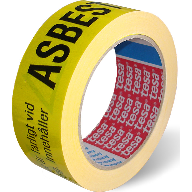 TESA PVC-advarselsbånd til mærkning af asbestaffald. Robust tape med god vedhæftning på de fleste overflader.