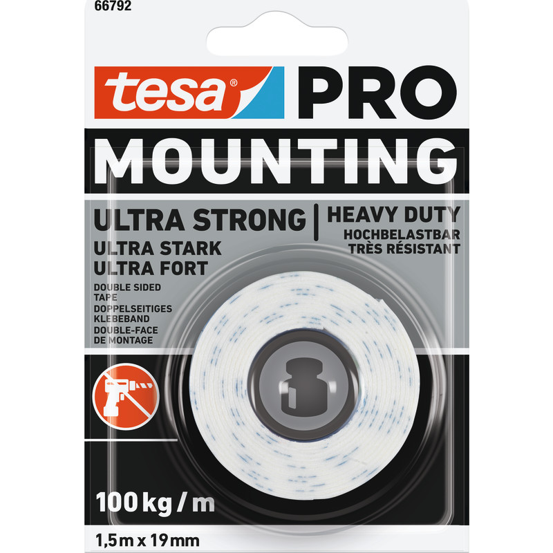 Tesa Pro stærk dobbeltklæbende monteringstape, 19 mm, 1,5 meter