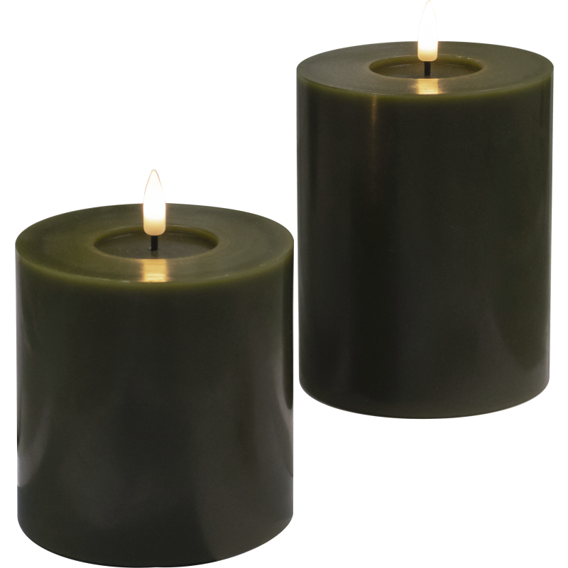 Oliven grønne Led Vokslys, 2 pak, Med 3D flamme, og timer, IP20
