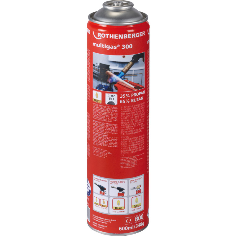 Rothenberger MULTIGAS 300, Propan/butangas, 600 ml, 7/16" EU gevindtilslutning