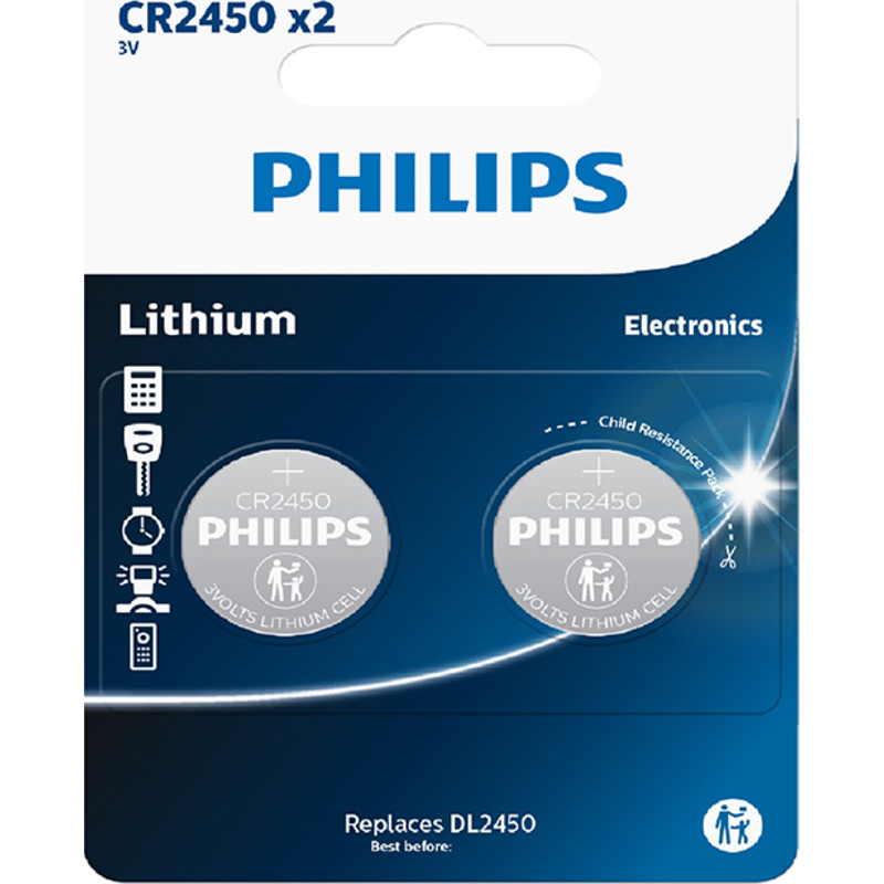 PHILIPS Lithium knapcellebatteri, CR2450, 2 stk.