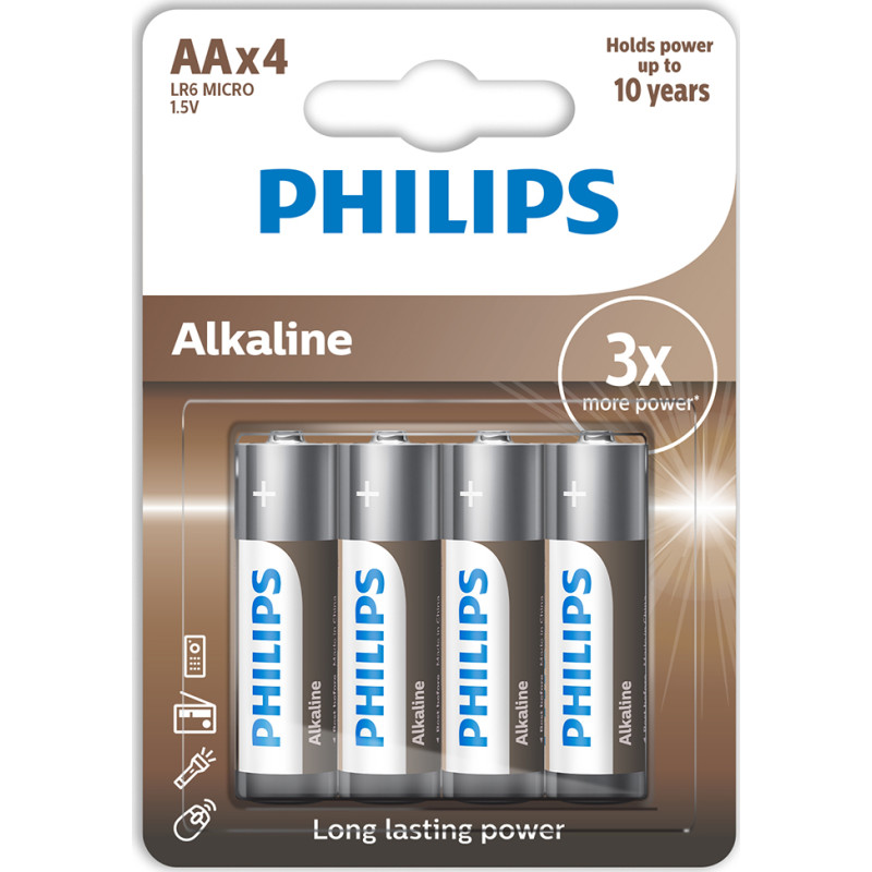 12 stk Philips Tech Alkaline AA batterier, 4 stk.