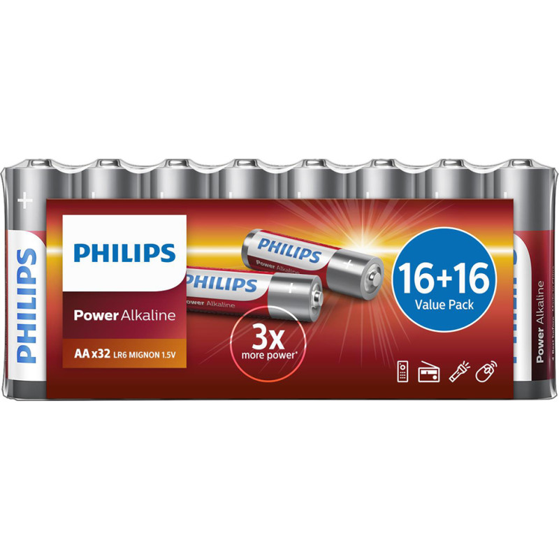 Philips Power Alkaline AA batterier, 32 stk.