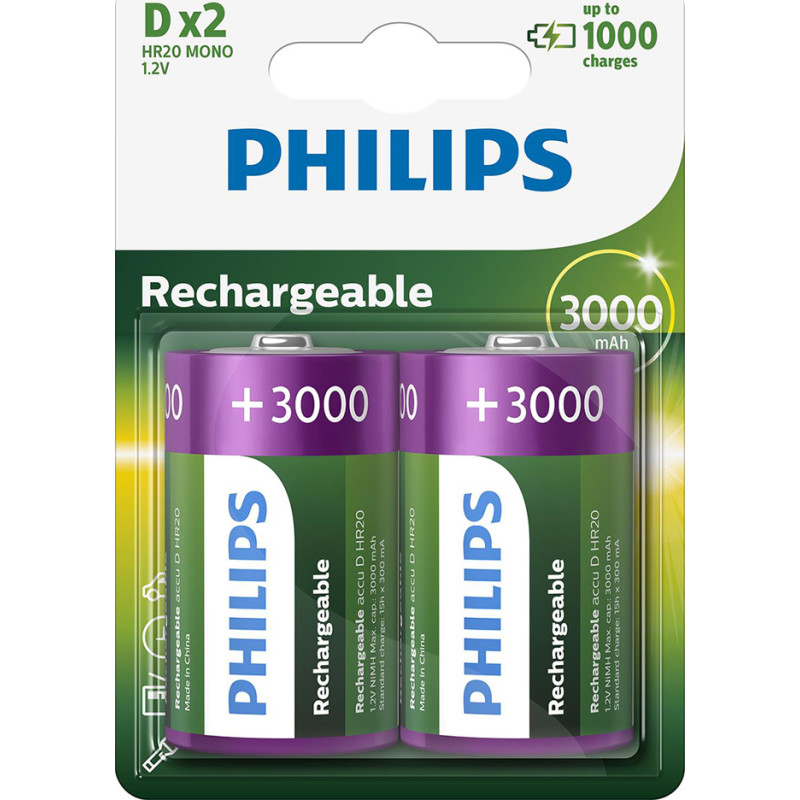 12 stk Philips genopladelige D batterier, 2 stk.