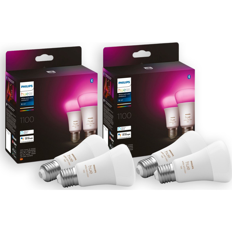 Philips Hue White Color Ambiance E27 standardpære, 2000K-6500K, 9W, 4-pak