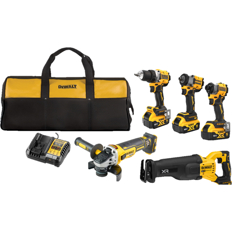 DeWalt 18V XR DCK509P3-QW kombosæt med 5 maskiner, 3 stk. 18V x 5.0 Ah