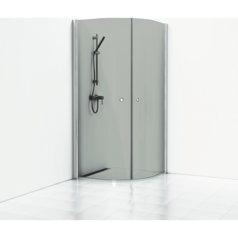 Svedbergs Skoga brusehjørne, 89x89 cm, røgfarvet glas, blank aluminium profil