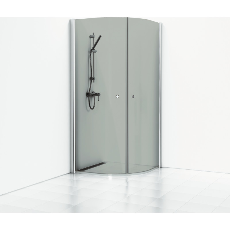 Svedbergs Skoga brusehjørne, 89x89 cm, røgfarvet glas, mat aluminium profil