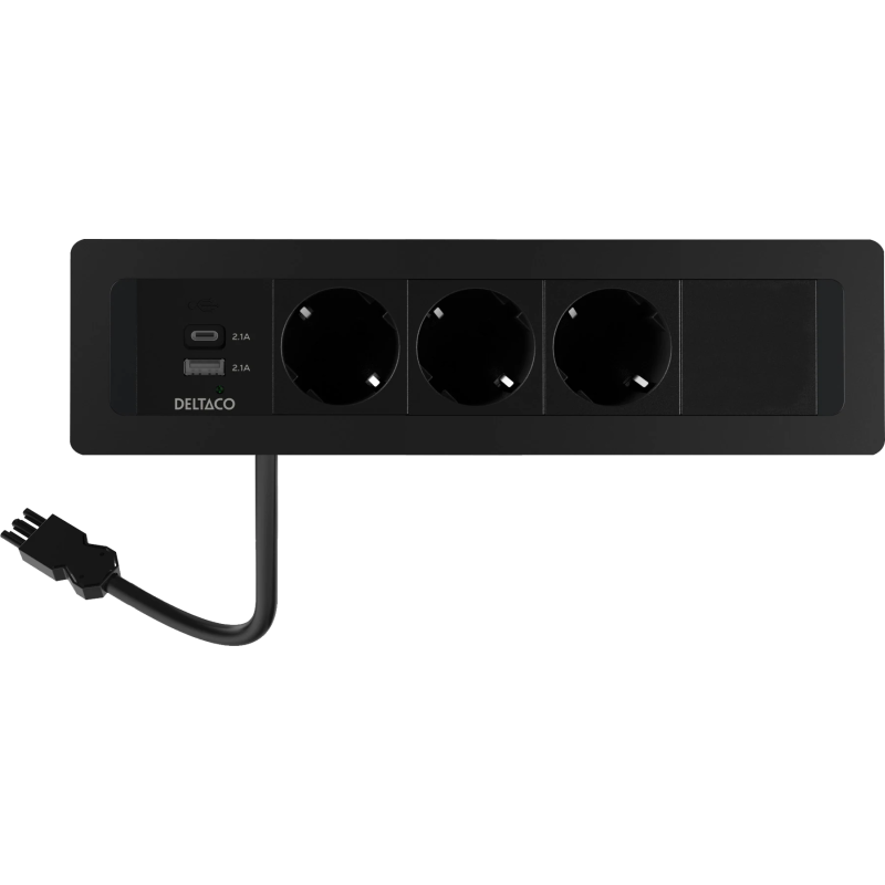 Deltaco inbyggt eluttag, 3 uttag, A+C USB-laddare, svart
