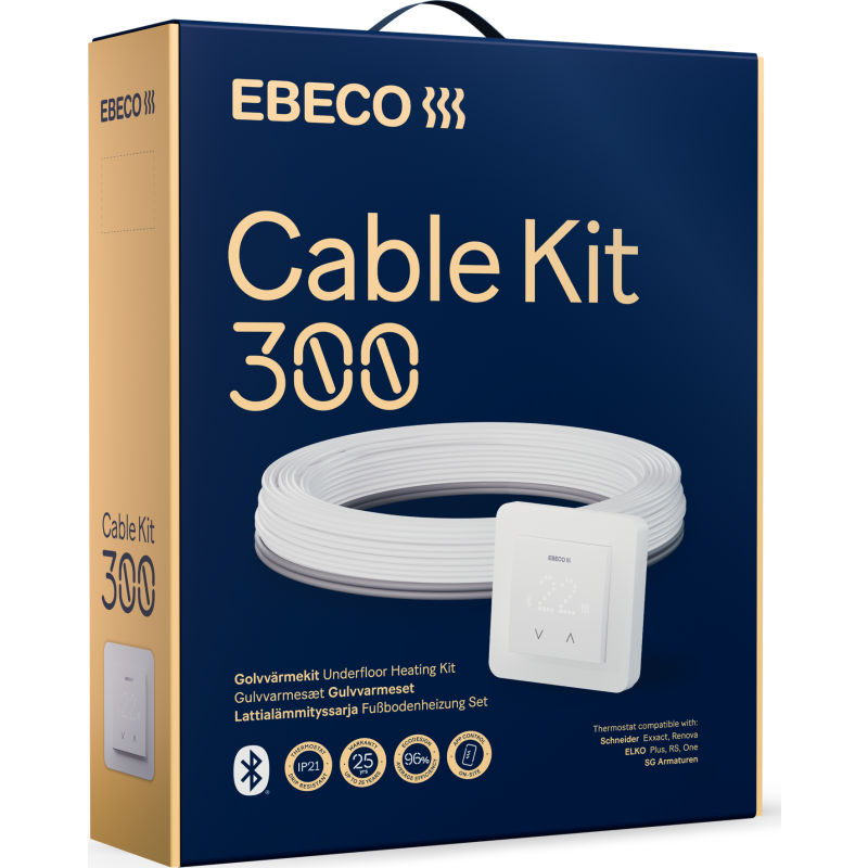 Ebeco gulvvarmesæt med varmekabel & termostat, bluetooth, 150W, 13,5 meter
