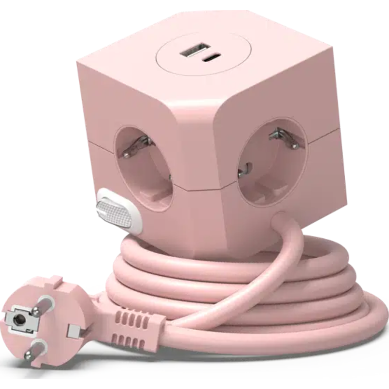 4 stk E-line Cube stikdåse, 4 udtag, USB A+C,lyserød