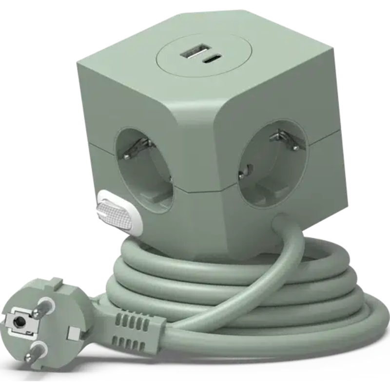 4 stk E-line Cube stikdåse, 4 udtag, USB A+C,grøn