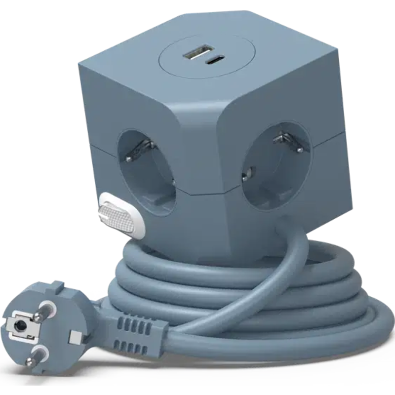 4 stk E-line Cube stikdåse, 4 udtag, USB A+C, blå
