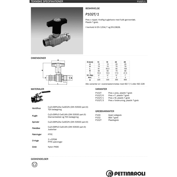 Pettinaroli TEA Preskuglehane med højt plast T-greb, 18 mm x 3/4", nippel/pres